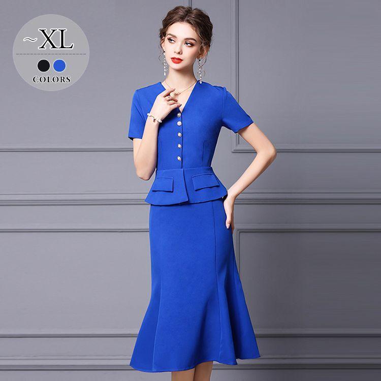 気質アップ ワンピース 半袖 Vネック マーメイドライン 無地 パールボタン 演奏会 上品 お出かけファッション パーティーコーデ 舞台 Wet27 激安単価で Www Doctor Plan Com