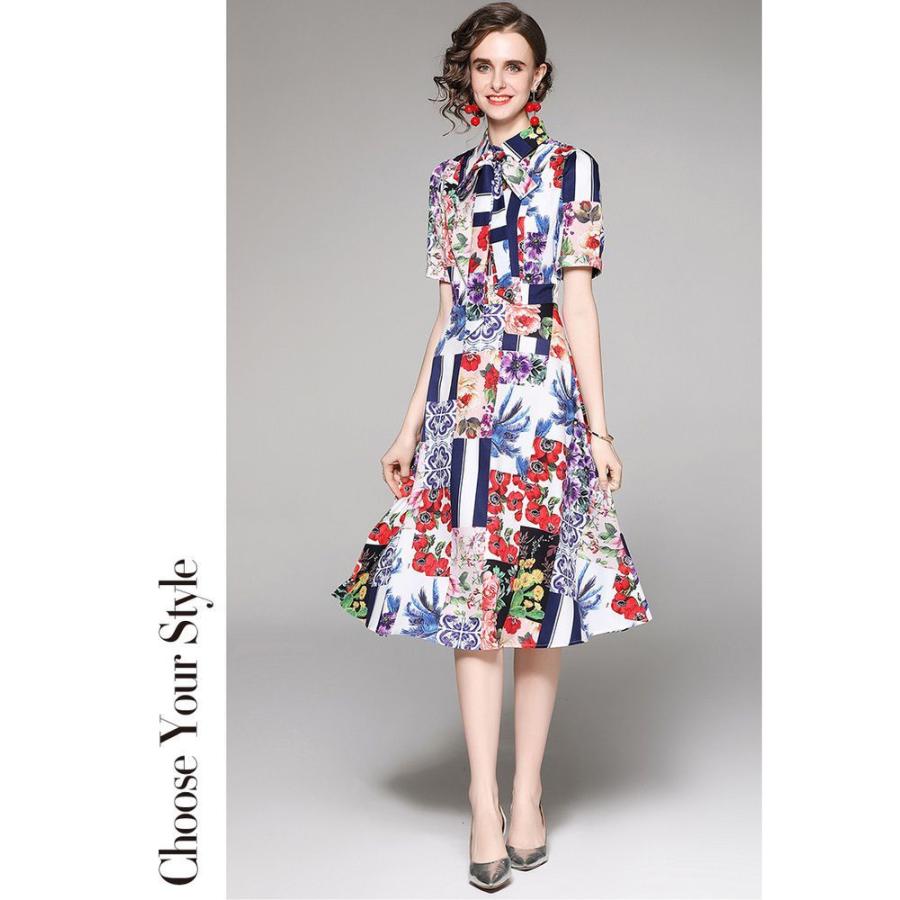 ワンピース 襟付き フレアワンピ 花柄 総柄プリント 膝下丈 ボタン リボン 絵画風 ふんわり 女子旅 派手 かわいい 可愛い ドライブ Wex55 Wex55 ライバルはデパートgracefulsmile 通販 Yahoo ショッピング