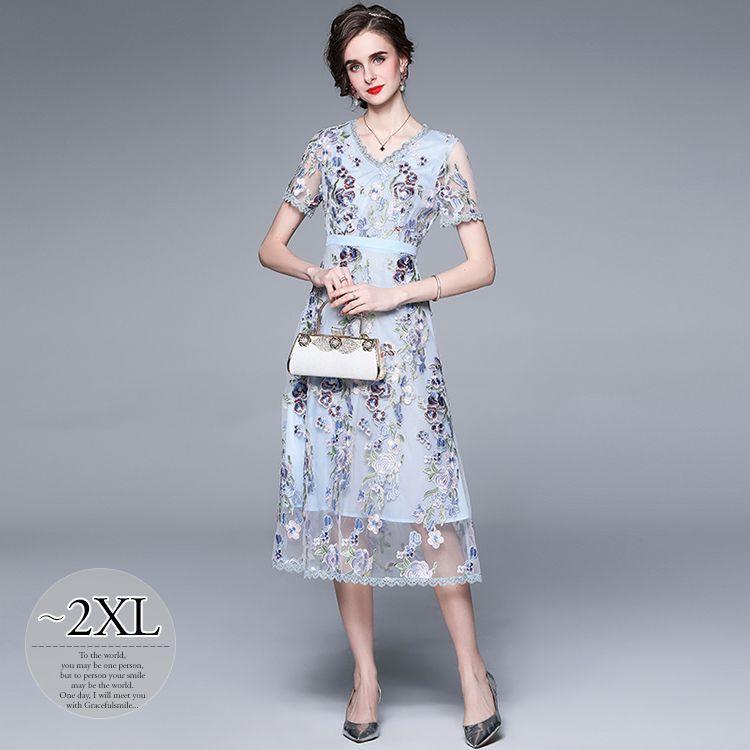 注目の ワンピース フレアワンピ 花柄 半袖 総柄 Vネック 袖レース チュール レース 透け感 Aライン ウエストマーク ジップアップ デート Wex80 送料無料 Missbargainhuntress Com