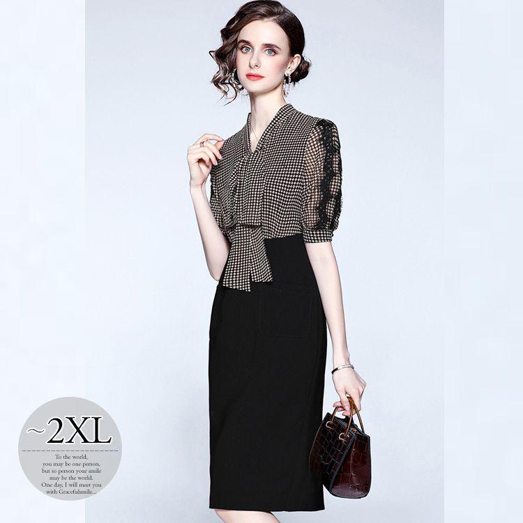 超大特価 ワンピース ドッキングワンピ 格子柄 5分袖 レース ボウタイリボン ウエスト切替 オフィスカジュアル 膝丈ワンピース 通勤スタイル 着やせ Wgb64 ポイント10倍 Www Doctor Plan Com