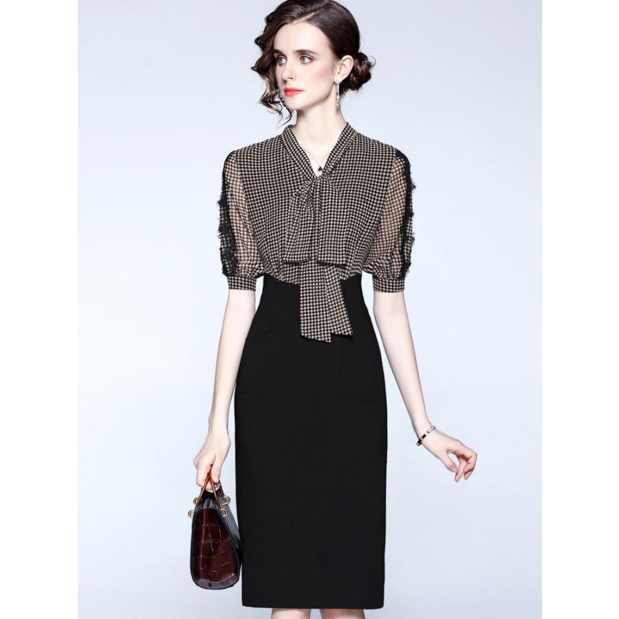 人気no 1 本体 ワンピース ドッキングワンピ 格子柄 5分袖 レース ボウタイリボン ウエスト切替 オフィスカジュアル 膝丈ワンピース 通勤スタイル 着やせ Wgb64 新作モデル Regionmarket Store