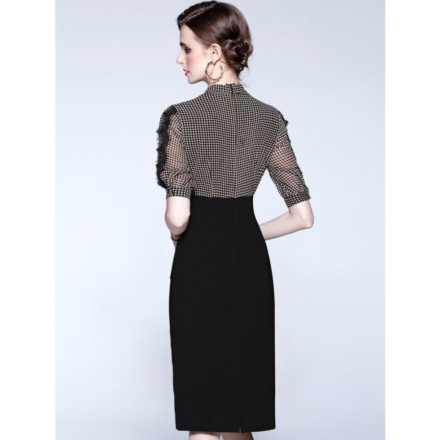 人気no 1 本体 ワンピース ドッキングワンピ 格子柄 5分袖 レース ボウタイリボン ウエスト切替 オフィスカジュアル 膝丈ワンピース 通勤スタイル 着やせ Wgb64 新作モデル Regionmarket Store