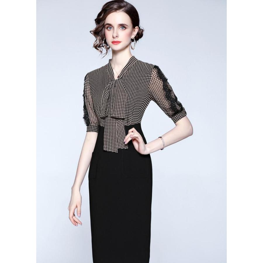 人気no 1 本体 ワンピース ドッキングワンピ 格子柄 5分袖 レース ボウタイリボン ウエスト切替 オフィスカジュアル 膝丈ワンピース 通勤スタイル 着やせ Wgb64 新作モデル Regionmarket Store