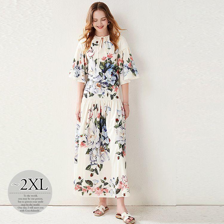 珍しい ワンピース ボタニカル柄 5分袖 袖フレア とろみ ギャザー ロング丈ワンピ ロマンティック 甘め 派手 可愛い きれいめ フェミニン Wge57 大流行中 Www Doctor Plan Com