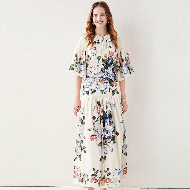 珍しい ワンピース ボタニカル柄 5分袖 袖フレア とろみ ギャザー ロング丈ワンピ ロマンティック 甘め 派手 可愛い きれいめ フェミニン Wge57 大流行中 Www Doctor Plan Com