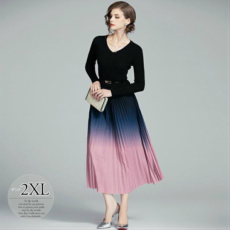 良質 ニットワンピース グラデーションが素敵な一枚 Size交換送料一部当店負担 長袖 ママスタイル Wgg05 ドライブ 食事会 キレイ目 デート 休日スタイル クール グラデーション ウエストマーク アコーディオンプリーツ ワンピース チュニック