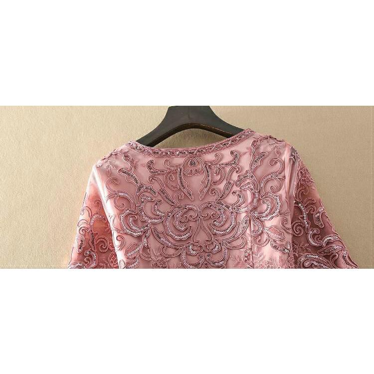 在庫限り パーティー 結婚式 服装 ワンピース ラウンドネック 総柄 刺繍 スパンコール ウエストシェイプ 上品 お出かけファッション ストリート フェミニン Wgg Simbcity Net