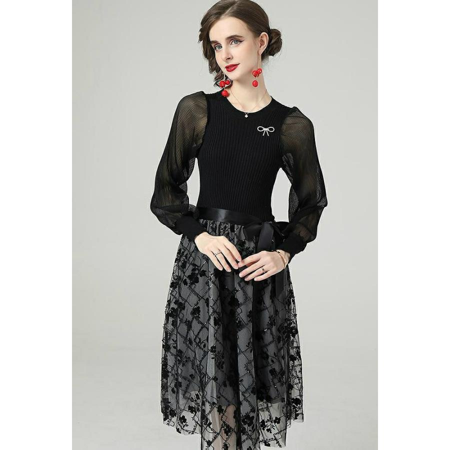 今季ブランド ドッキングワンピ ワンピース クラシカルなリボンのアクセント Size交換送料一部当店負担 ラウンドネック フェミニン Wgi80 お出かけファッション 女子旅 食事会 清楚 クール 刺繍 リボン ウエストリボン 透け感 ワンピース チュニック