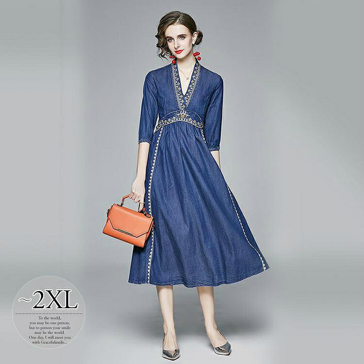 贈る結婚祝い 上品でフェミニンなデニムコーデ Size交換送料一部当店負担 定番 Wgk75 ストリート 休日スタイル 食事会 母親 かわいい ガーリー ナチュラルコーデ 刺繍 ウエストマーク デニム生地 Vネック ワンピース ワンピース チュニック Sergiopizarro Com Co