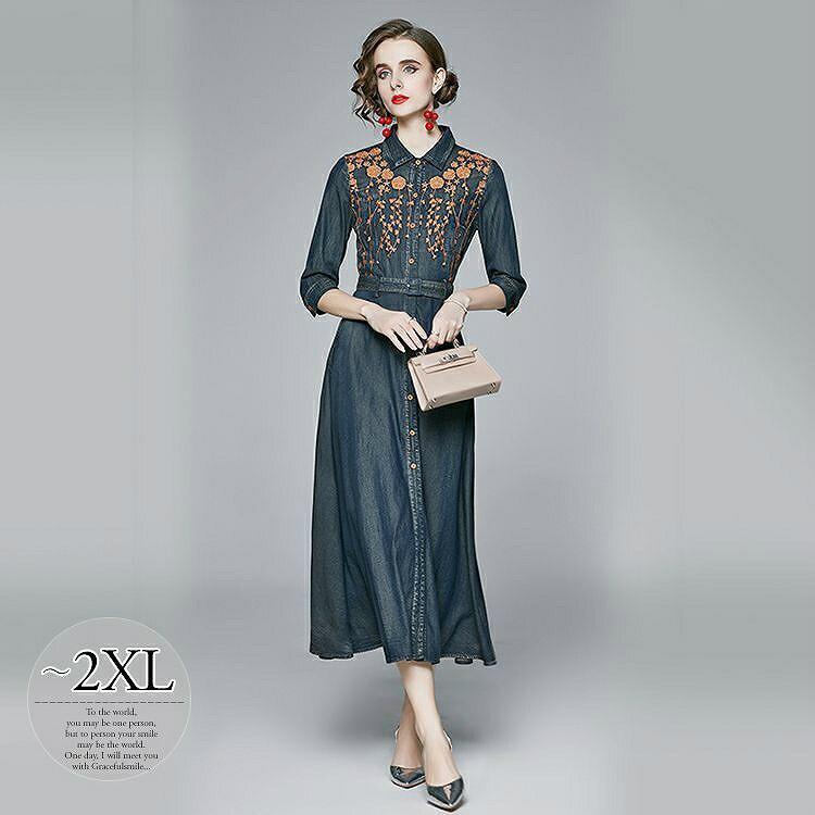が大特価 デニム生地 襟付き ワンピース 大人の気品を出すデニムアイテム Size交換送料一部当店負担 ウエストマーク 休日スタイル Wgk76 お出かけ ガーリー リゾート デート かわいい ママ 大人カジュアル 刺繍 フロントボタン ワンピース チュニック