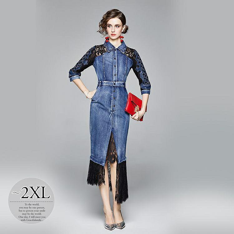 訳ありセール 格安 デニムとレースで上品に攻める Size交換送料一部当店負担 大人可愛い Wgk80 カジュアルウェア リモート カジュアル 大人カジュアル かわいい 裾レース フロントボタン 透け感 レース デニム生地 襟付き ワンピース ワンピース チュニック