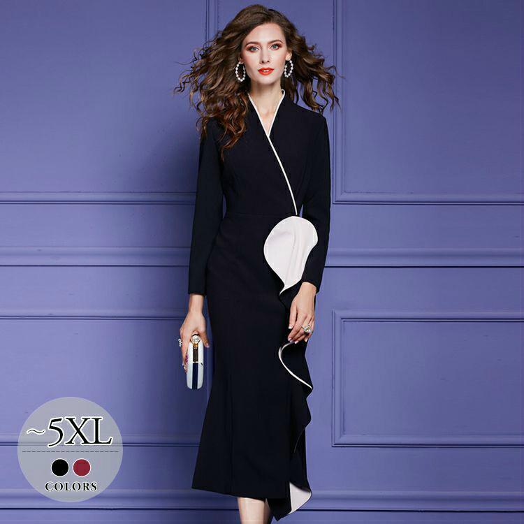 逸品 ワンピース 卒業式 Wgo28 お出かけファッション 学校行事 キレイ目 デート ステージ 清楚 女子会 細見え ヨーロピアン 無地 ロング ワンピース 大きいサイズ ファスナー カシュクール ウエストシェイプ フリル マーメイドライン Vネック 長袖 パーティードレス