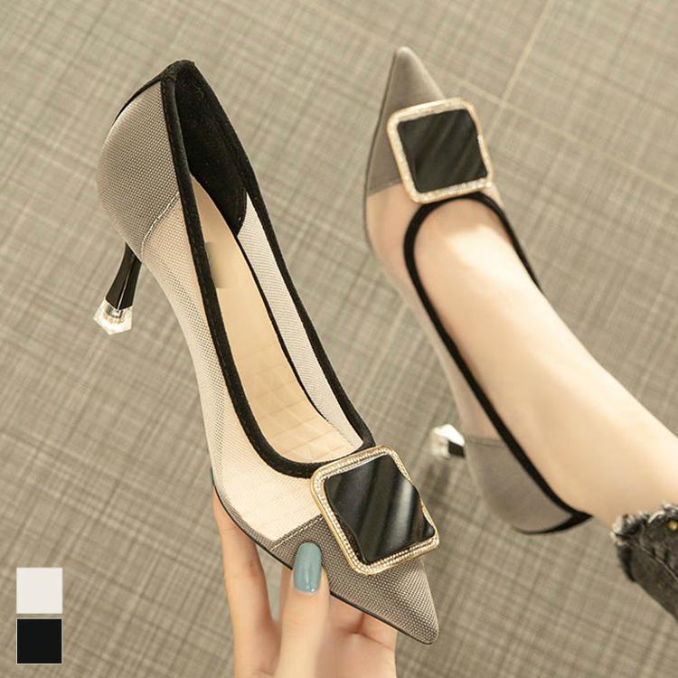 翌日発送可能 レディース ハイヒール パンプス 爽やかなデザインで優しげな雰囲気を Size交換送料一部当店負担 フレンチヒール Zec26 柔らかい おしゃれ 魅力的 走れる ブラック ホワイト ワンポイント 上品 おしゃれ 透け感 モノトーン シューズ