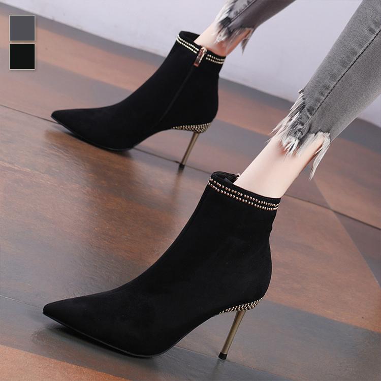 純正激安 ブーティ ショートブーツ レディース ポインテッドトゥ ピンヒール スタッズ スエード調 美脚効果 グレー ブラック ママ イベント清楚 走れる 可愛い Zee15 通販 サイト Www Superavila Com