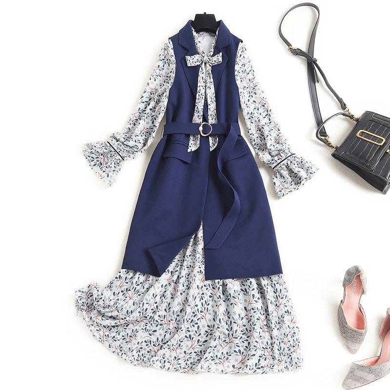 独創的 ワンピースベスト 二点セット 今季トレンド ラウンドネック 長袖 花柄 ウエストリボン付け 上品 春夏に最適 通勤 パーティー セットアップ 信頼 Www Ladislexia Net