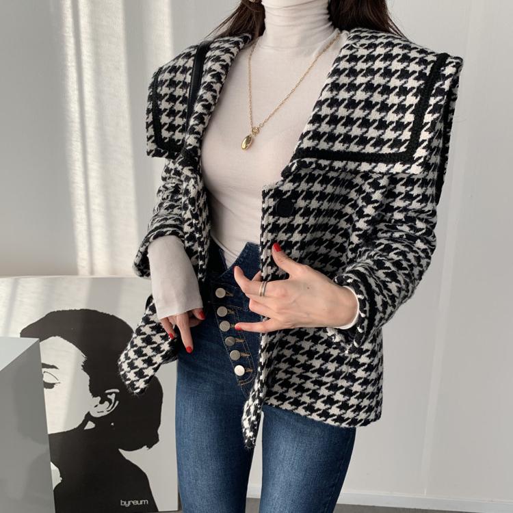 レディースファッション 日本製 ショート コート レディース 冬 黒 千鳥格子 柄 アウター 上着 長袖 Vネック ビッグカラー 襟付き 前開き Cvlr15isy8 Www Robertgillow Co Uk