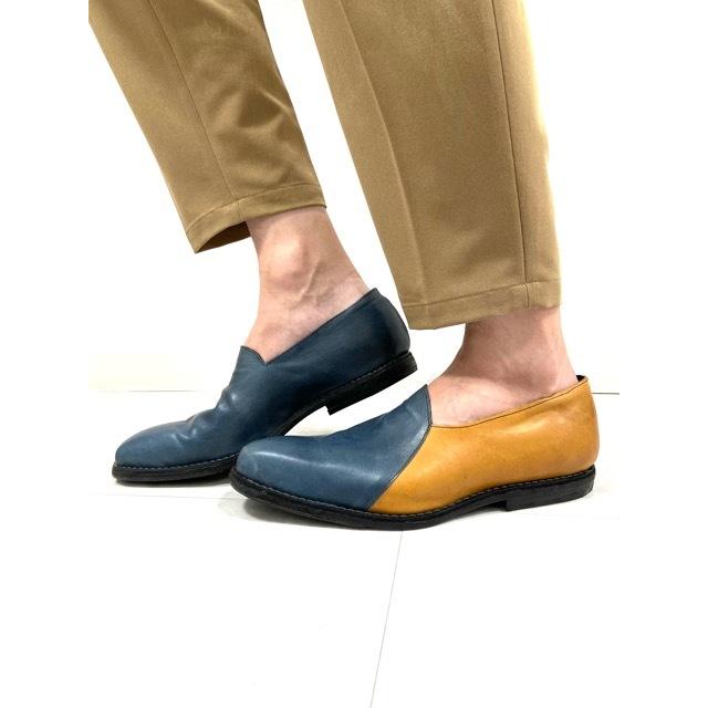 即納 最大半額 カジュアル革靴 メンズ スリッポン ドレスシューズ カジュアル革靴 メンズ スリッポン 流れデザイン バイカラー 青黄 シューズ