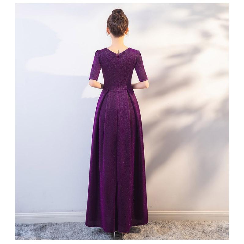 パーティドレス ロングドレス レディースドレス 大人 ピアノ 発表会 エレガント Vネック ぶどう色 演奏会 結婚式 ワンピース 成人式 同窓会 結婚式 母親 5分袖 袖あり パーティ ドレス 大人 ピアノ 発表会 パーティードレス エレガント ロングドレス