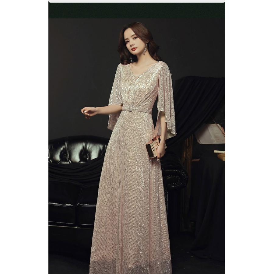 ドレス フリル Vネック 大人 ピアノ 発表会 ロングドレス 演奏会 演奏