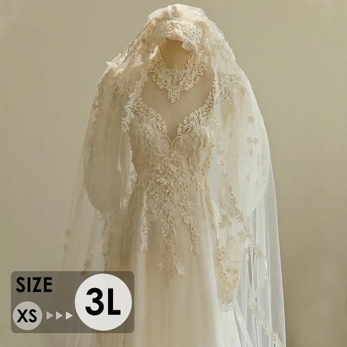 ウェディングドレス レース刺繍 長袖ドレス ハイネック 花嫁ドレス A