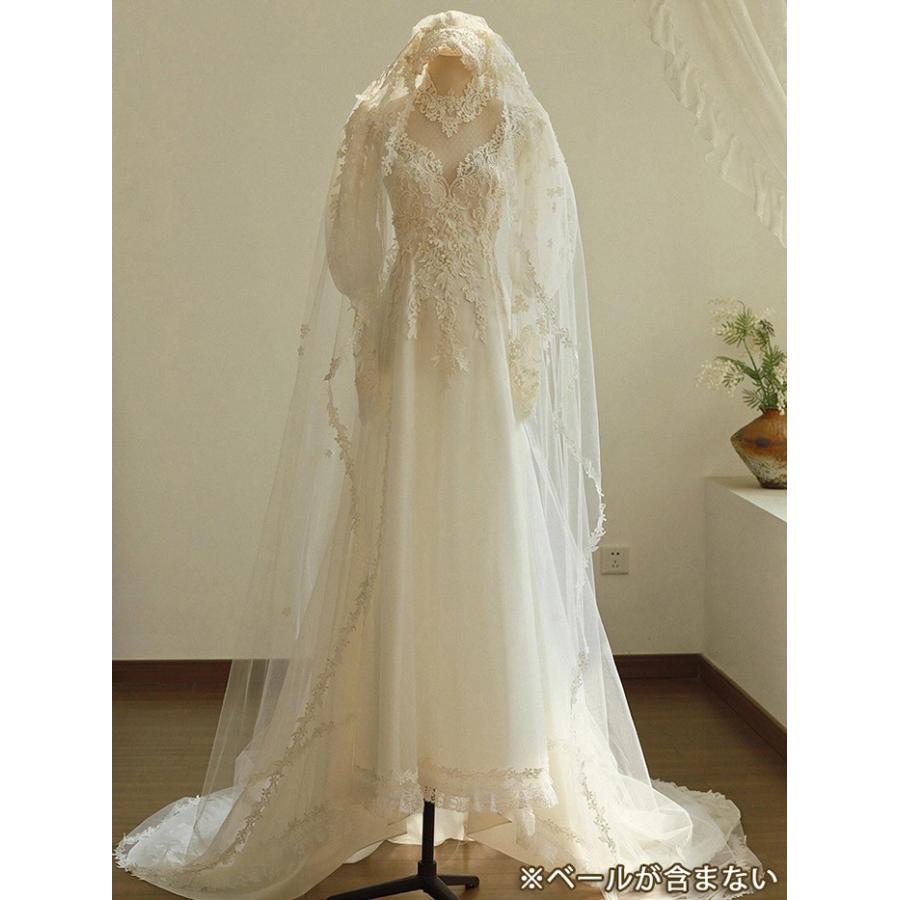 ウェディングドレス レース刺繍 長袖ドレス ハイネック 花嫁ドレス A
