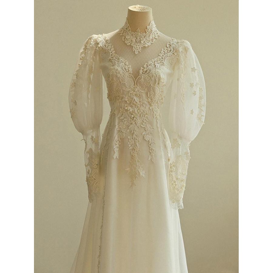 ウェディングドレス レース刺繍 長袖ドレス ハイネック 花嫁ドレス A