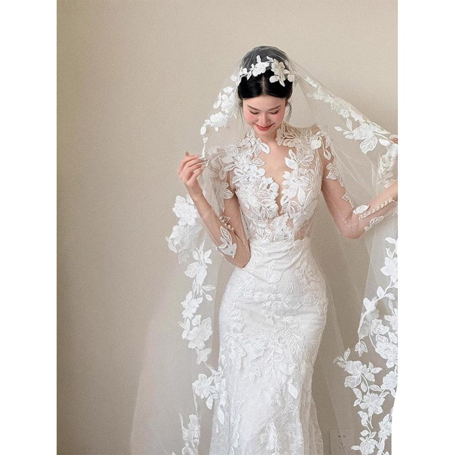 ウェディングドレス マーメイドライン レース刺繍 長袖 花嫁ドレス