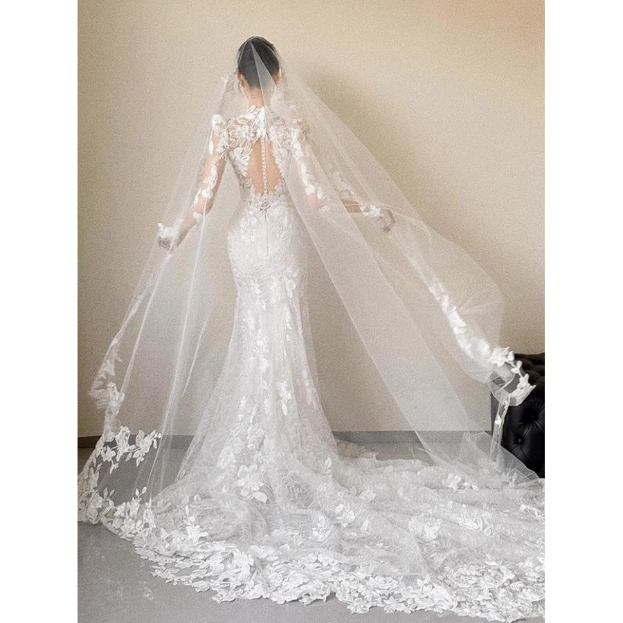 刺繍 ウェディングドレス　前撮り　マーメイドドレス ウェディングドレス マーメイドライン レース刺繍 長袖 花嫁ドレス