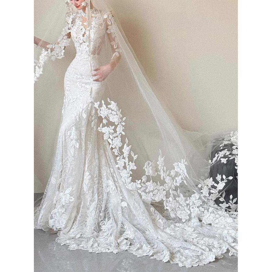 前撮り　二次会ドレス　長袖　レース刺繍 ウェディングドレス マーメイドライン レース刺繍 長袖 花嫁ドレス
