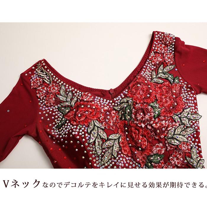 高品質 社交ダンス ドレス 社交ダンス衣装 ワンピース 長袖 広がる裾 花柄 レッスン着 発表会 競技着 練習着 演出用 ワインレッド S M L XL 2XL_7