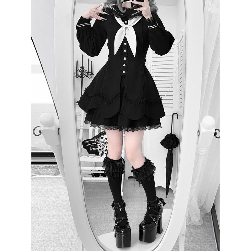セーラーカラー ワンピース 地雷系 量産型 ロリータ セットアップ レディース 女子 サブカル系 お出かけ 通勤 ブラック 黒 ホワイト 白 XS S M L_1