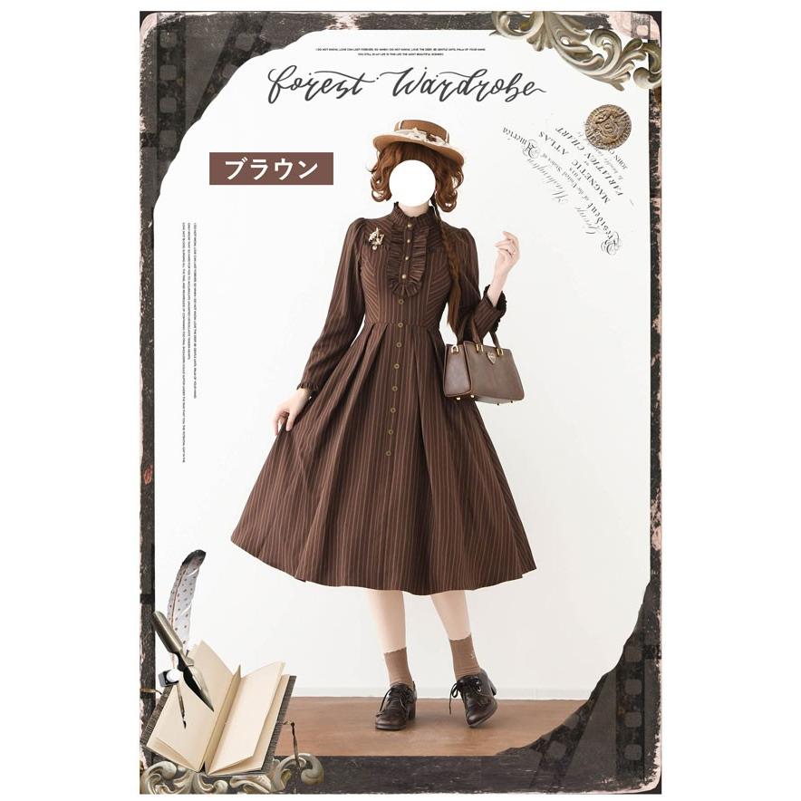 ロリータ ワンピース ミモレ丈 ストライプ柄 ベスト追加可 長袖 レディース フレアスカート クラロリ ゴスロリ レトロ風 上品 ロリータファッション