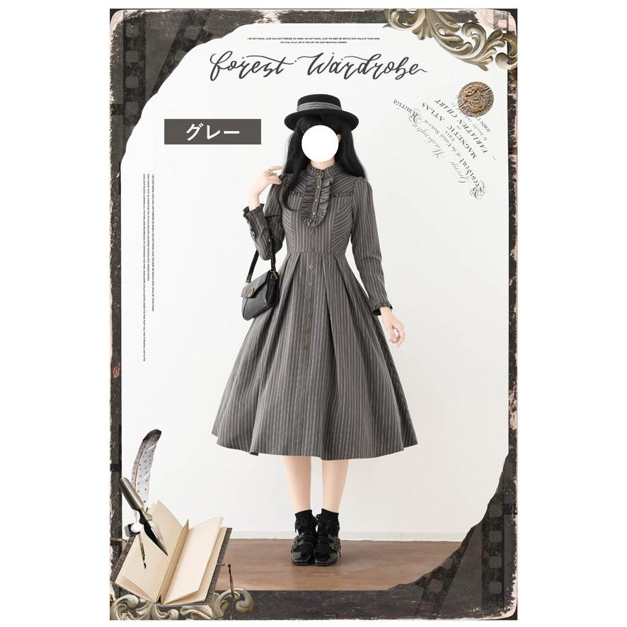 ロリータ ワンピース ミモレ丈 ストライプ柄 ベスト追加可 長袖 レディース フレアスカート クラロリ ゴスロリ レトロ風 上品 ロリータファッション
