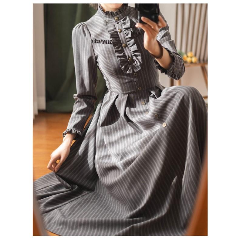 ロリータ ワンピース ミモレ丈 ストライプ柄 ベスト追加可 長袖 レディース フレアスカート クラロリ ゴスロリ レトロ風 上品 ロリータファッション