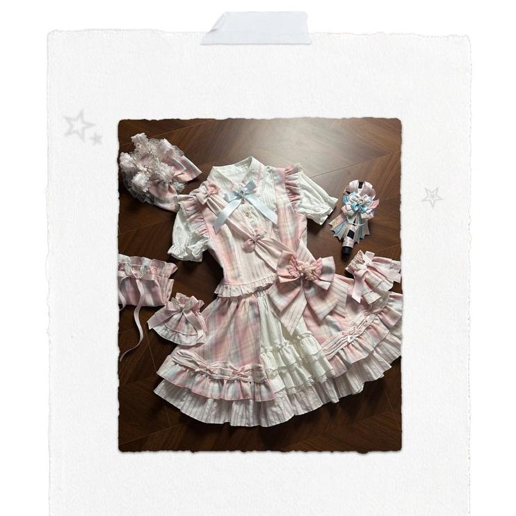 ロリータ セットアップ ティアードスカート チェック柄 半袖 リボン