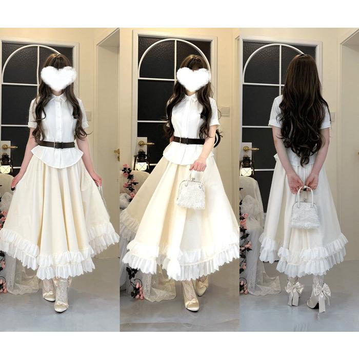 ロリータ フレアスカート ロング フリル レディース 大きい裾 シンプル
