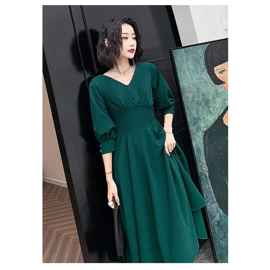 ミディアムドレス 袖あり vネック ミモレ丈 カクテルドレス  