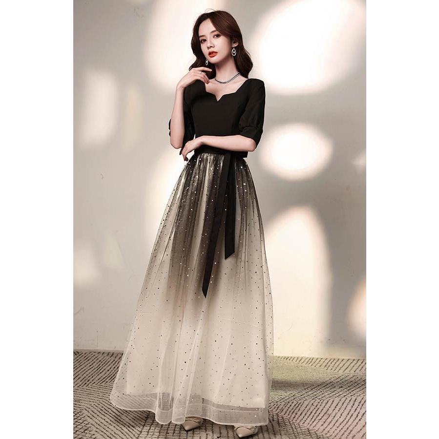 パーティードレス ロング 演奏会 袖付き キラキラ ドレス ぽっちゃり