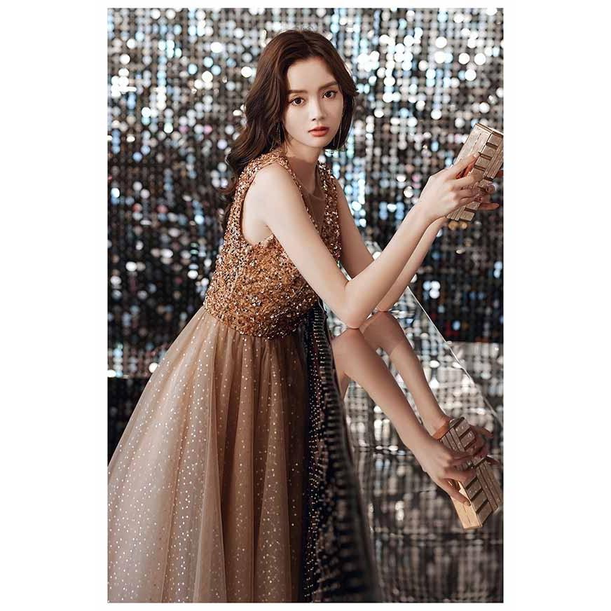 パーティードレス ロング丈 演奏会 ノースリーブ キラキラ 透け感  