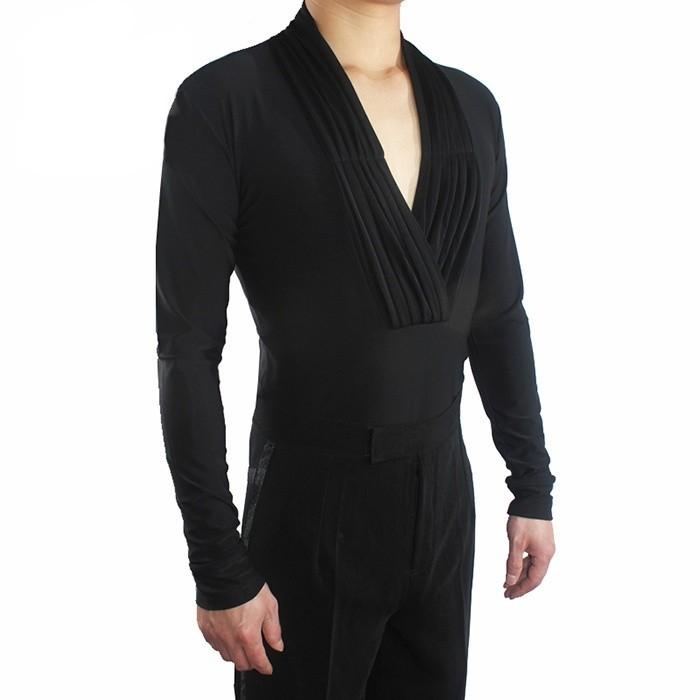 社交ダンス衣装 ブラック Vネック 競技用 ラテンダンスシャツ 男性用 ダンス衣装 ダンスウェア 練習着 ラテン ルンバ 発表会 | 