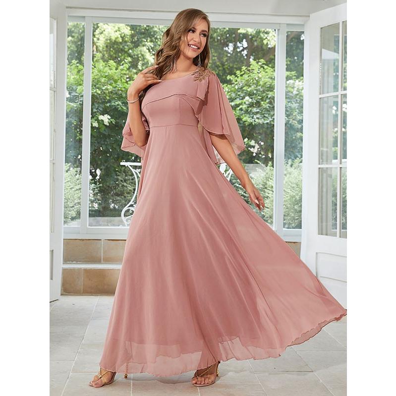 ロングドレス 2重シフォン 演奏会 ピアノ発表会 Aライン 半袖あり  