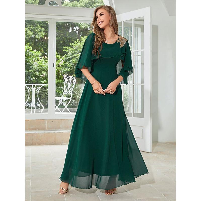 ロングドレス 2重シフォン 演奏会 ピアノ発表会 Aライン 半袖あり  