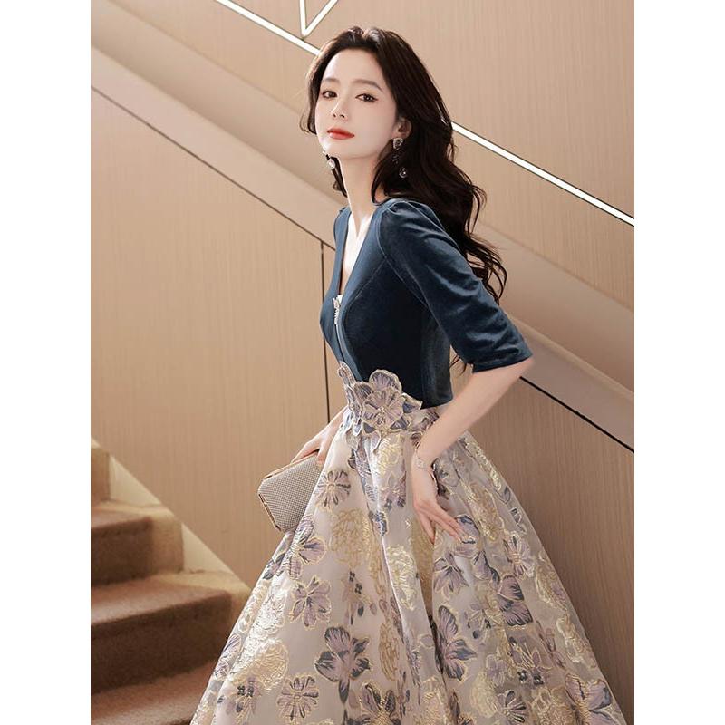 ロングドレス 演奏会 ピアノ 発表会 ツヤ感 花レース 刺繍 ブルー  