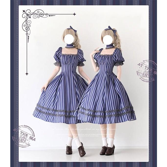 ロリータ ワンピース 花柄 春夏用 ミモレ丈 半袖 リボン パフスリーブ