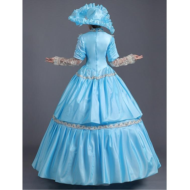 最大50 Offクーポン ロングドレス 貴族ドレス お姫様ドレス 中世ヨーロッパ ステージ 衣装 貴婦人 ラフカラー 帽子付き 演奏会 舞台衣装 貴族風 メルヘン イベント衣装 声楽 オペラ イベント プリンセスライン ワンピース 撮影 コスプレ Aライン フリル ブルー S M L Xl