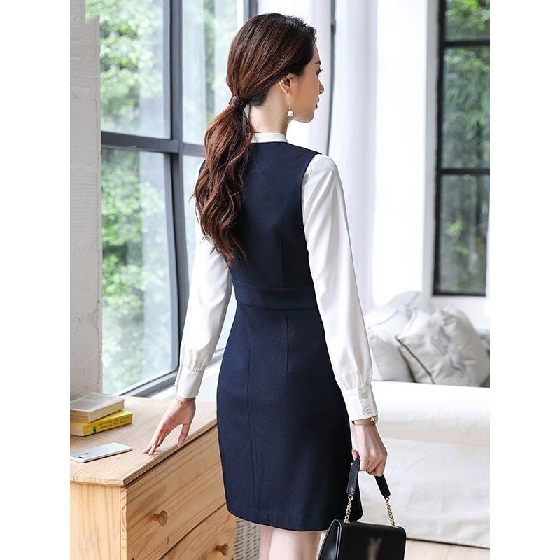 ベストワンピース 事務服 ノースリーブ ワンピーススーツ ビジネススーツ ネイビー 制服 膝上丈 春秋冬 長袖 Aライン 大きいサイズ Dd019x1 グレースショップ 通販 Yahoo ショッピング