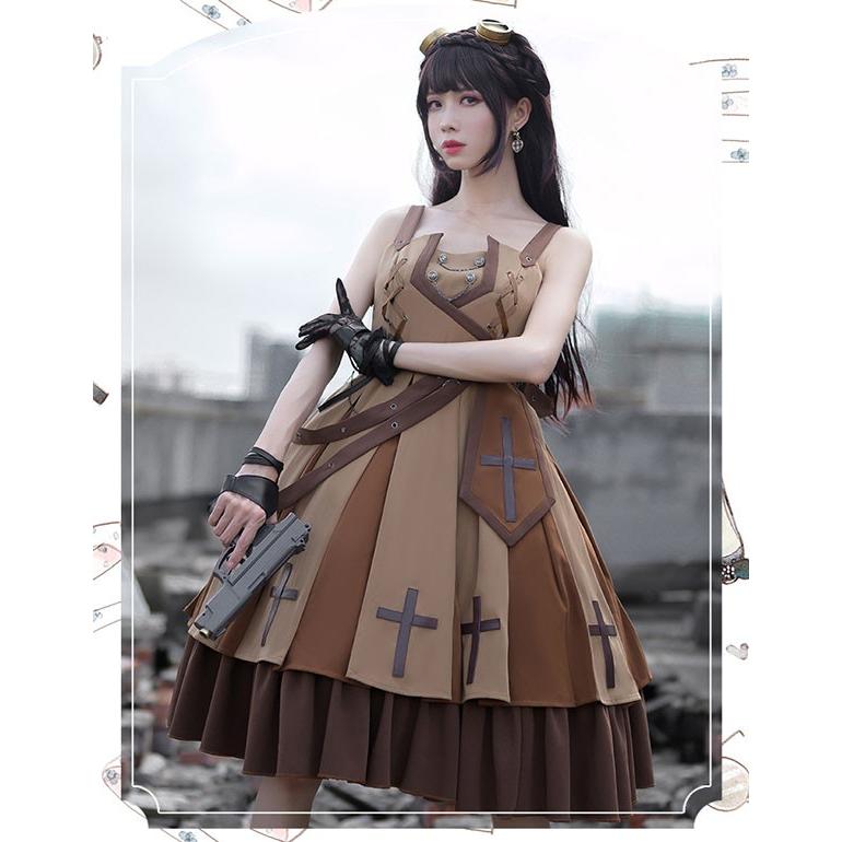 ミニロリ 軍服ロリータ フルセット ワンピース ミリタリーロリィタ 半袖 キャミソール ケープコートブラウン 膝丈 リボン レディース｜graceshop04｜05