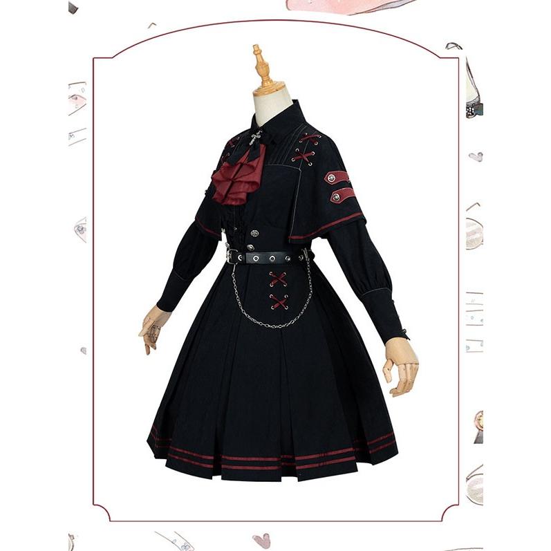 ミニロリ 軍服ロリータ フルセット ブラウス スカート 上下フルセット ミリタリーロリィタ ブラック 黒 膝丈 レディース ロリータアウター_9
