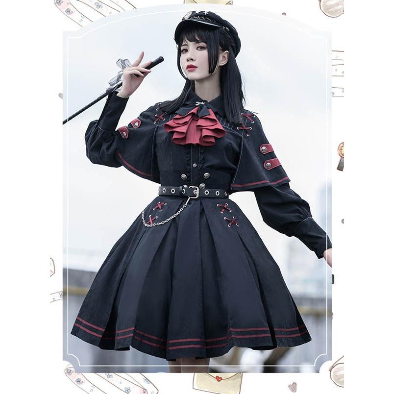 ミニロリ 軍服ロリータ フルセット ブラウス スカート 上下フルセット ミリタリーロリィタ ブラック 黒 膝丈 レディース ロリータアウター_2