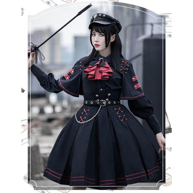 ミニロリ 軍服ロリータ フルセット ブラウス スカート 上下フルセット ミリタリーロリィタ ブラック 黒 膝丈 レディース ロリータアウター_3